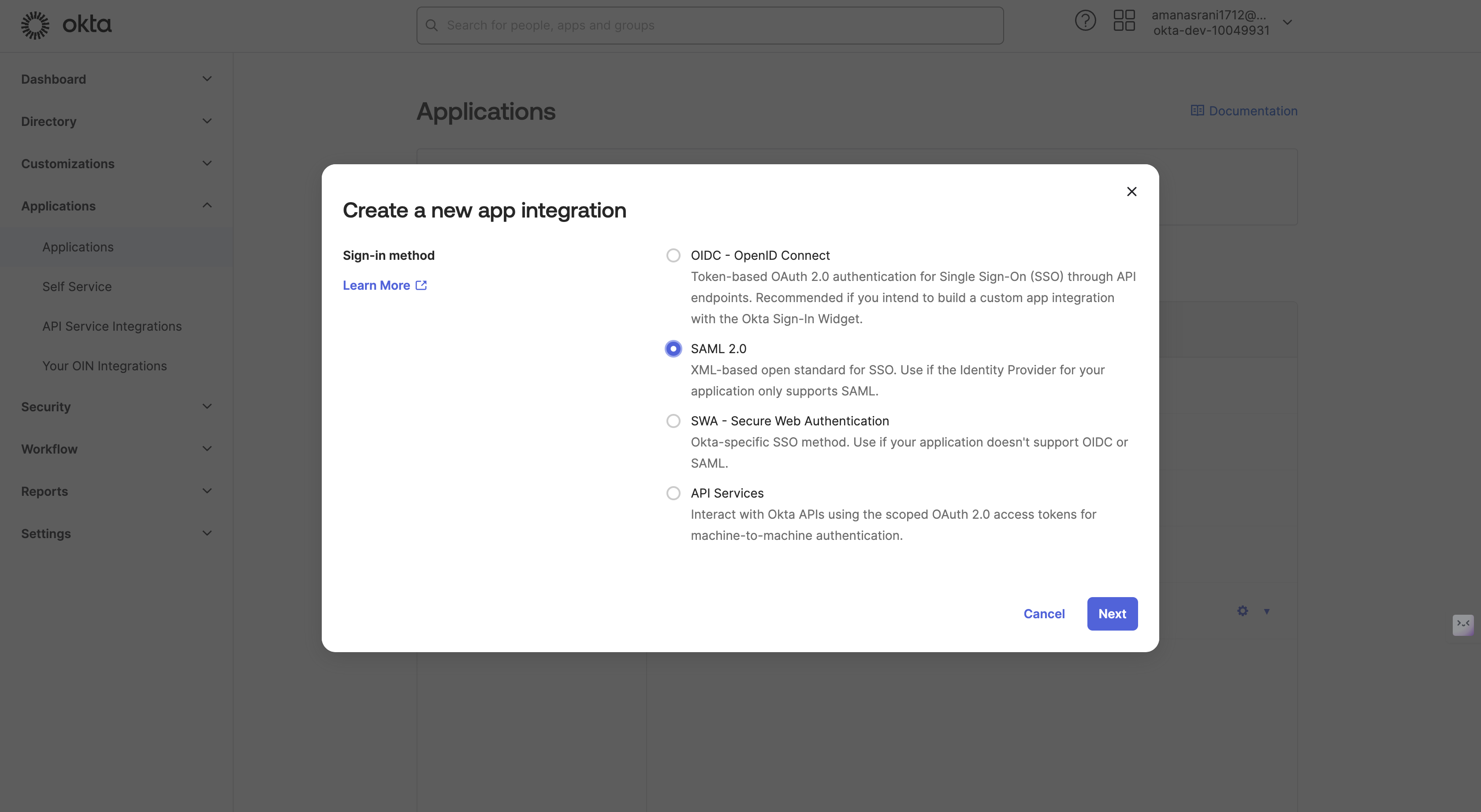 Select &quot;SAML 2.0&quot; as the Sign-on method and click &quot;Next&quot;..